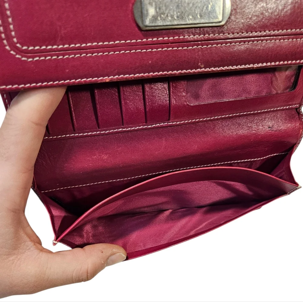 AMO Genuine Leather Wallet Clutch – Deep Berry Red, Snap & Zip, ID Window